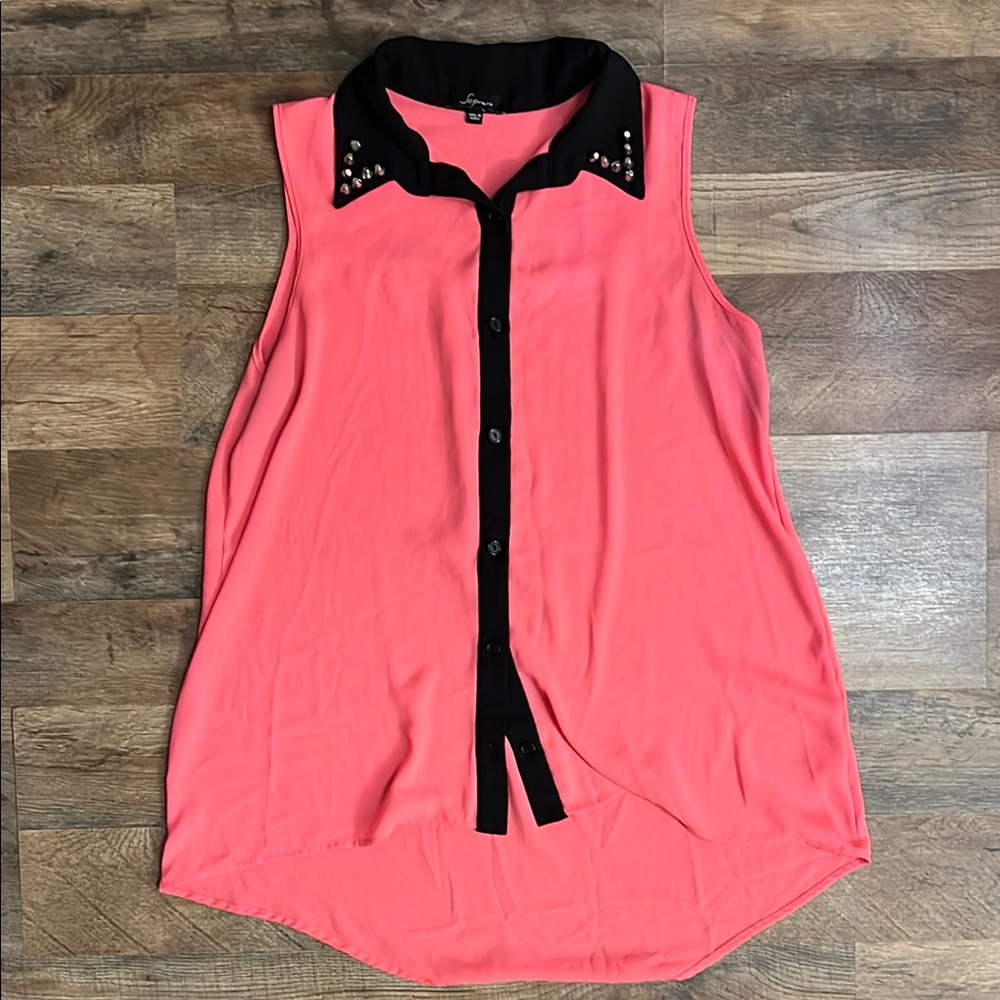 Soprano Pink Sleeveless Blouse with Black Studded Collar